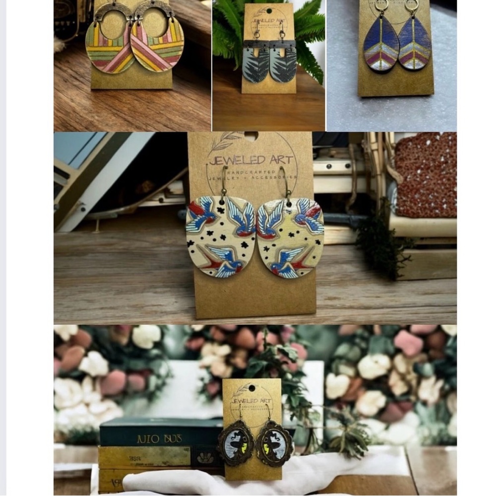 Jeweled Art Hand-Painted Love in the Air Balloon Earrings Wood Engraved - Picture 9 of 10